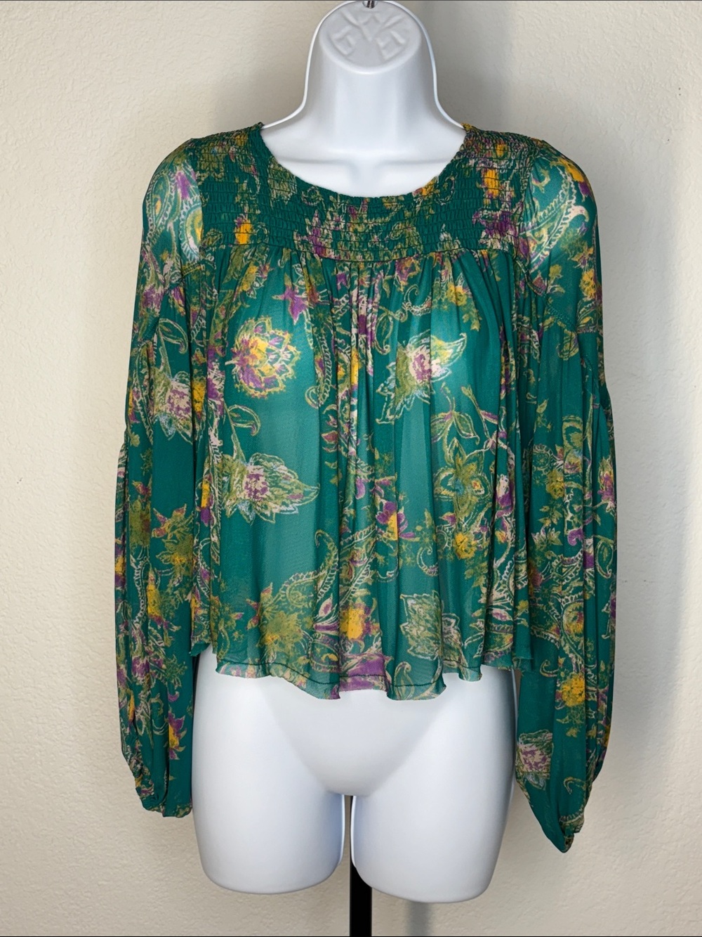 Free People Up For Anything Floral Sheer Smocked Yoke Cropped Blouse Small